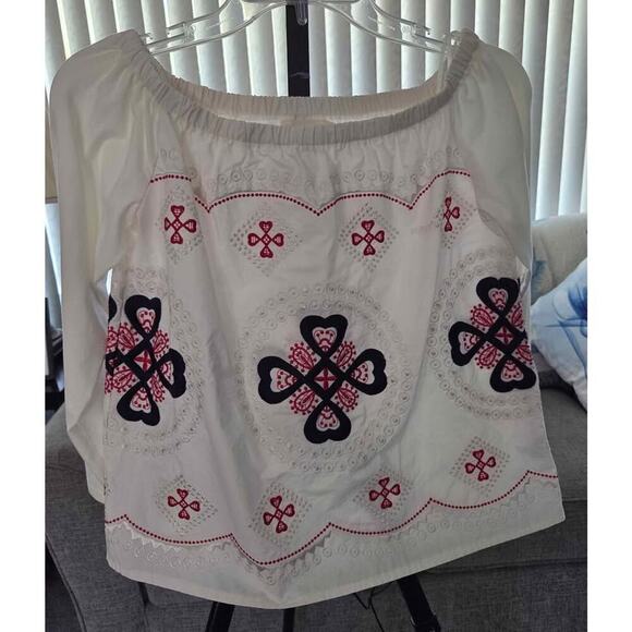 JJ’s Fairyland Embroidered Off-Shoulder Peasant Boho Top White Red Small NWOT - Picture 2 of 6
